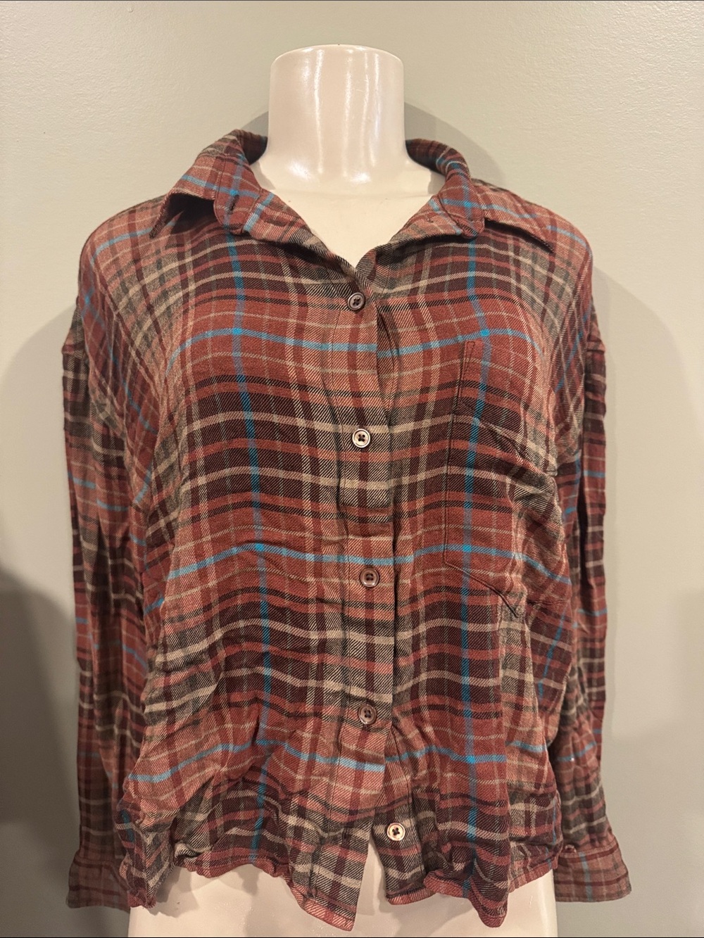 Wilfred Free Plaid Button-Up Shirt in Rust, Brown & Teal